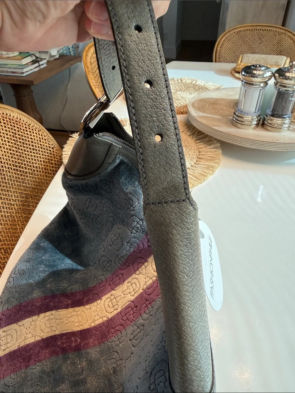 Gucci Gray Hobo Bag with Purple and Cream Center Stripe